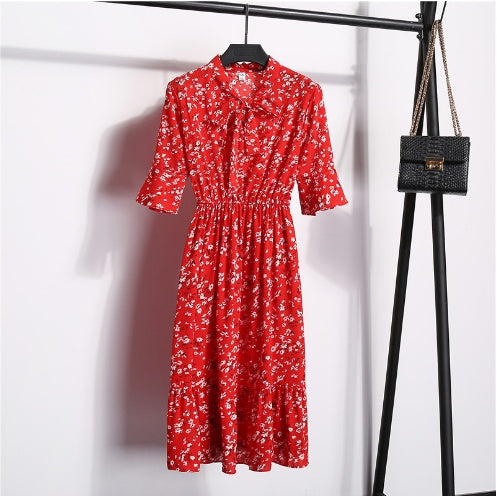 Ladies High Waist Floral Chiffon Dress