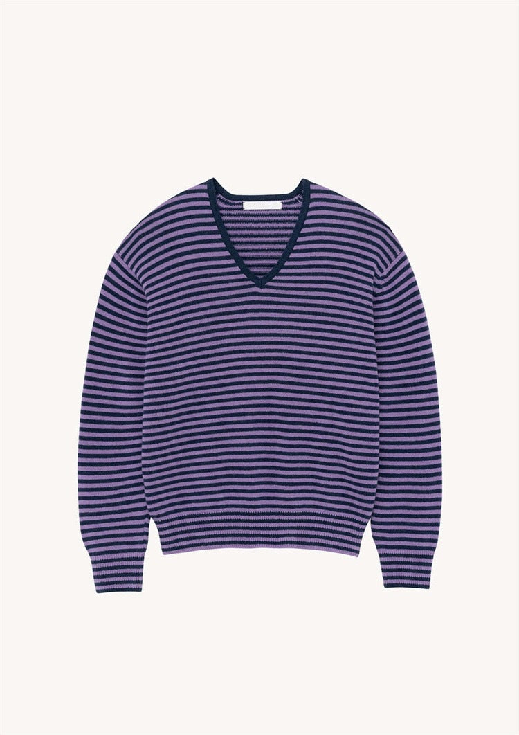 Women's Fashionable Loose V-neck Striped Knitted Top