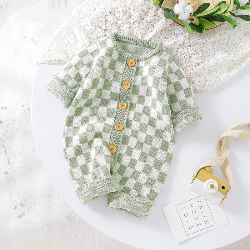 Ins New Chessboard Baby One-piece Garment Thousand Bird Pattern Knitting