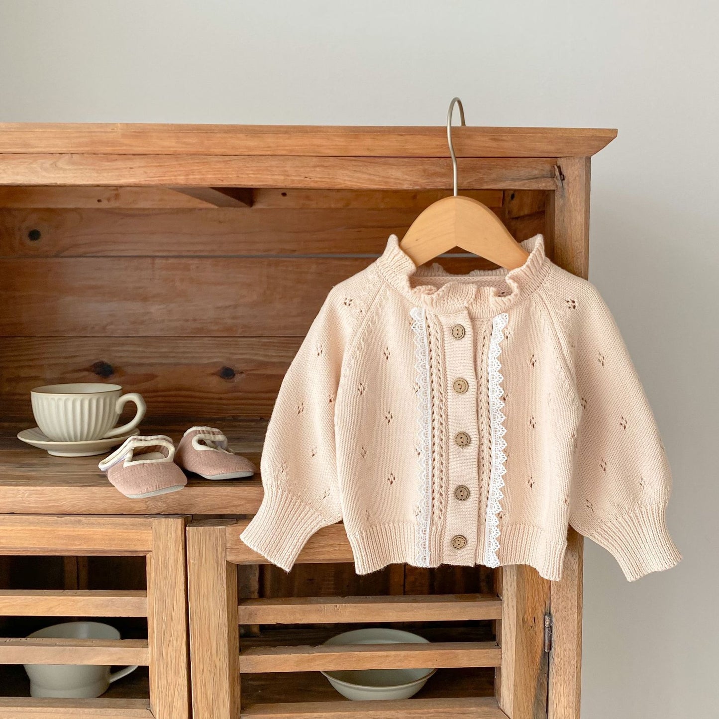 Veste polyvalente en tricot en dentelle à col champignon creux pour fille