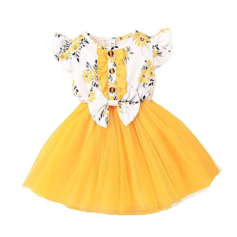 Baby Girl Printed Mesh  Sweet And Cute Flying Sleeve Dress Children's Clothes Summer Skirt