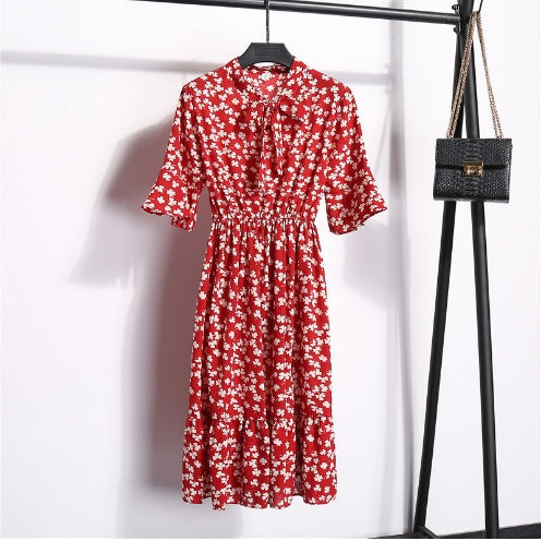 Ladies High Waist Floral Chiffon Dress