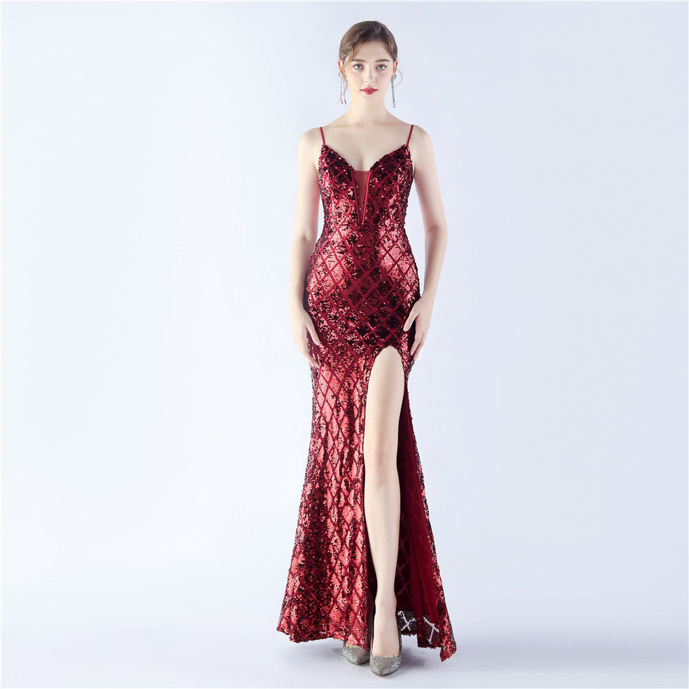 Women's Temperament Waist-controlled Ratchet Tie Down Sequined Hanging Dress