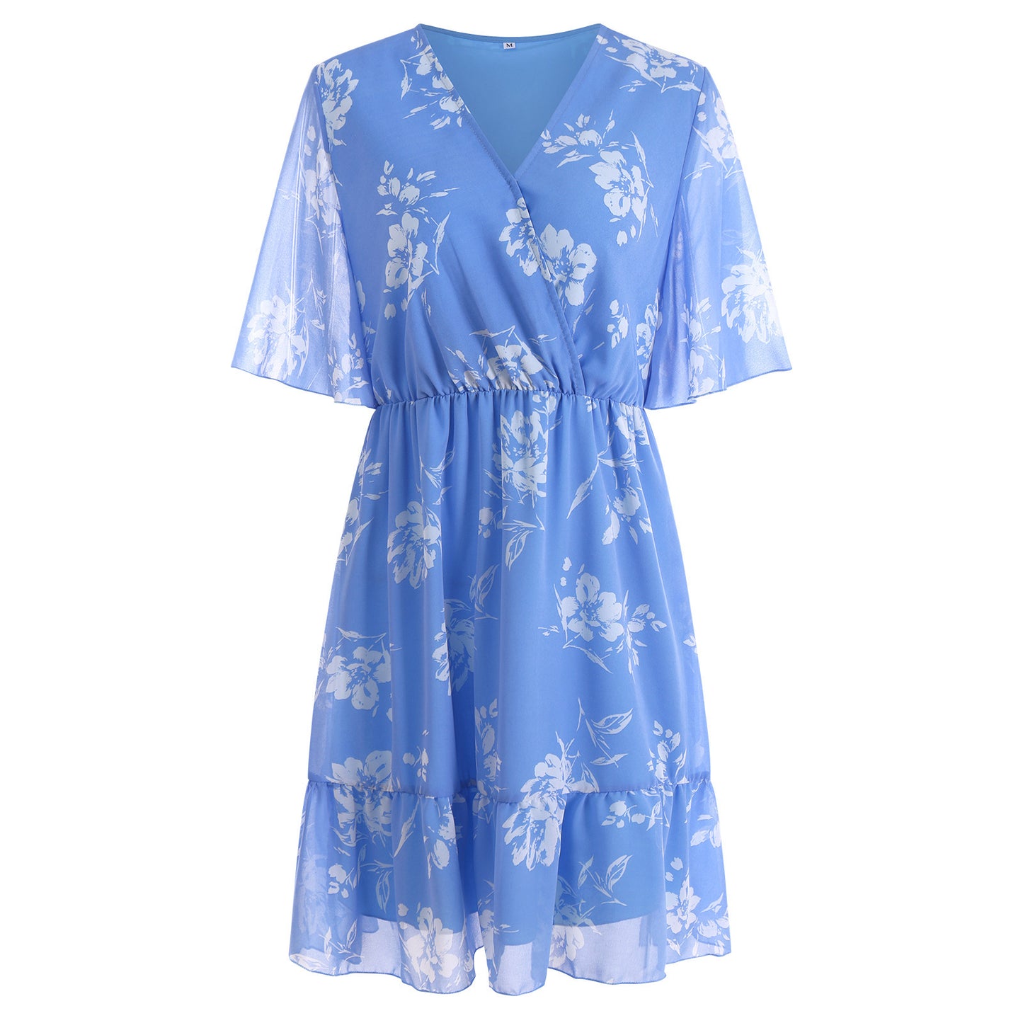 V-neck Ruffled Floral Chiffon Dress