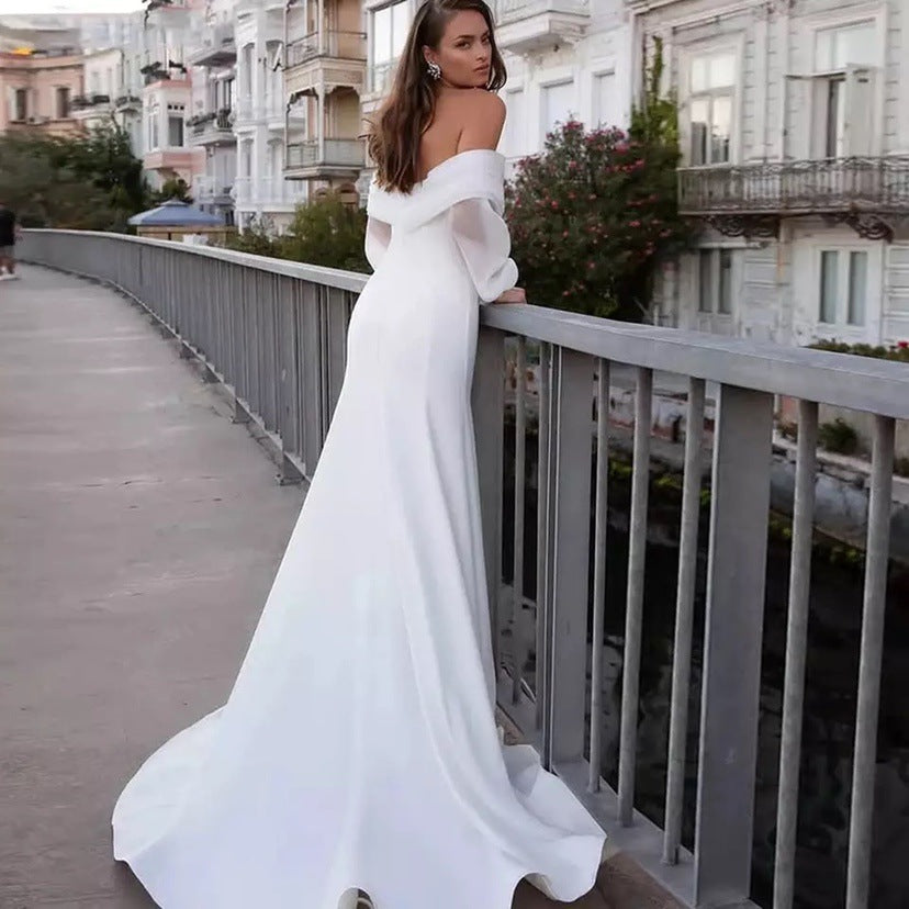 Spring Concise White Satin Trailing Lightweight Wedding Dress