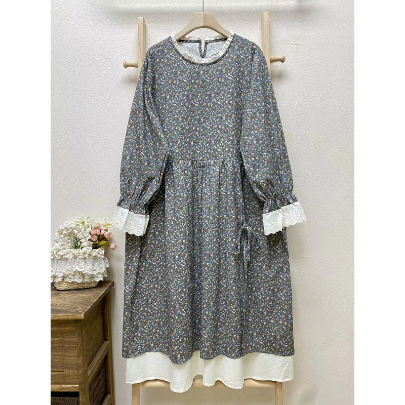 Vestido floral de manga larga de dos piezas falso con retales informal suelto para mujer