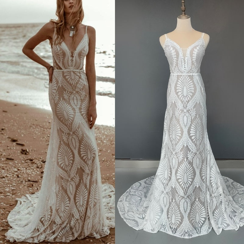 Robe De mariée bohème col en V dentelle Boho bretelles Spaghetti dos nu plage robes De mariée Vestido De Novia Roycebridal