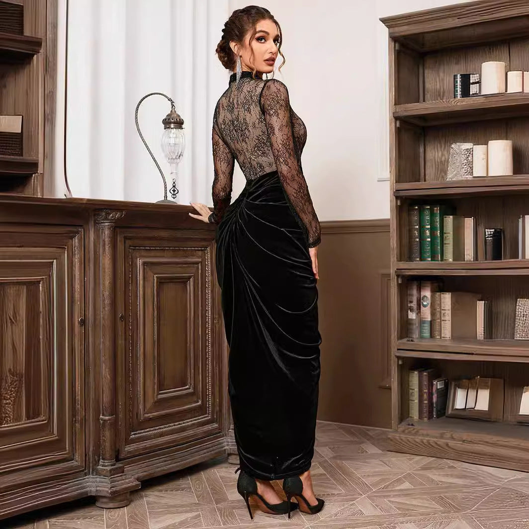 Black Mock-neck Long Sleeve Stitching Ruffle Long Dress