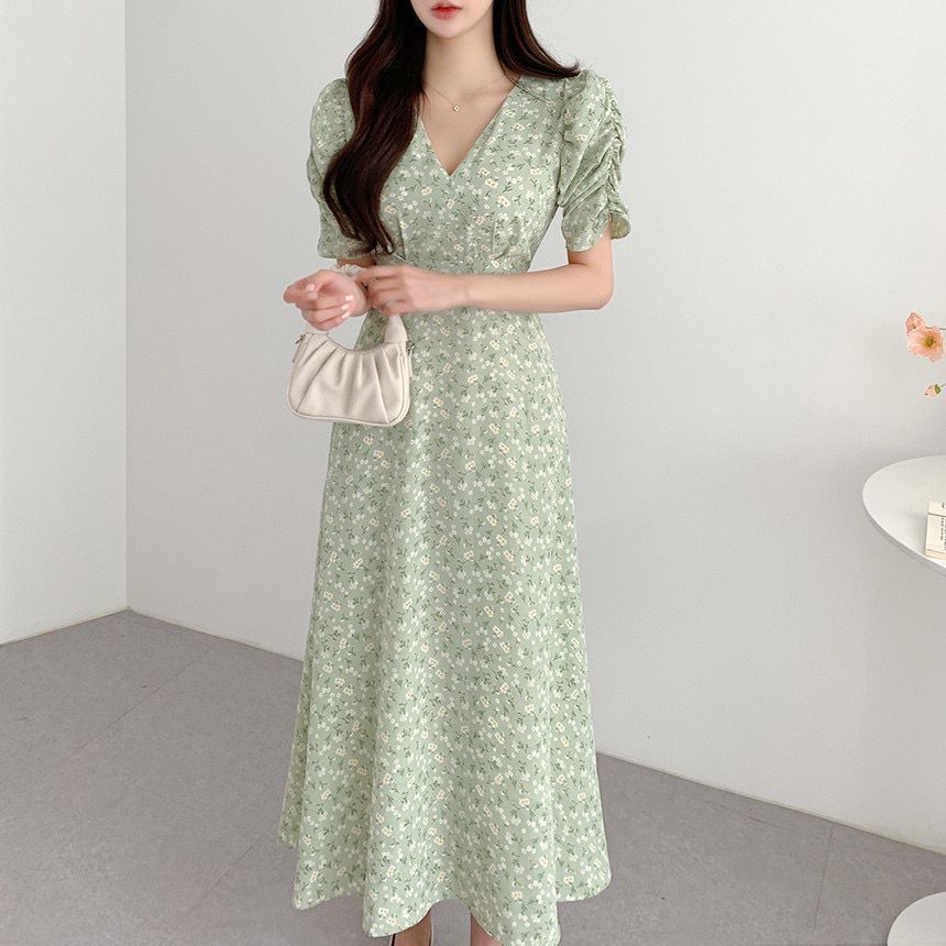 Small Floral Puff Sleeve Dress Women