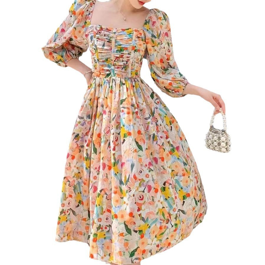 High-end Temperament Western Style Retro Chic Beautiful Candy Color Backless Floral Dress