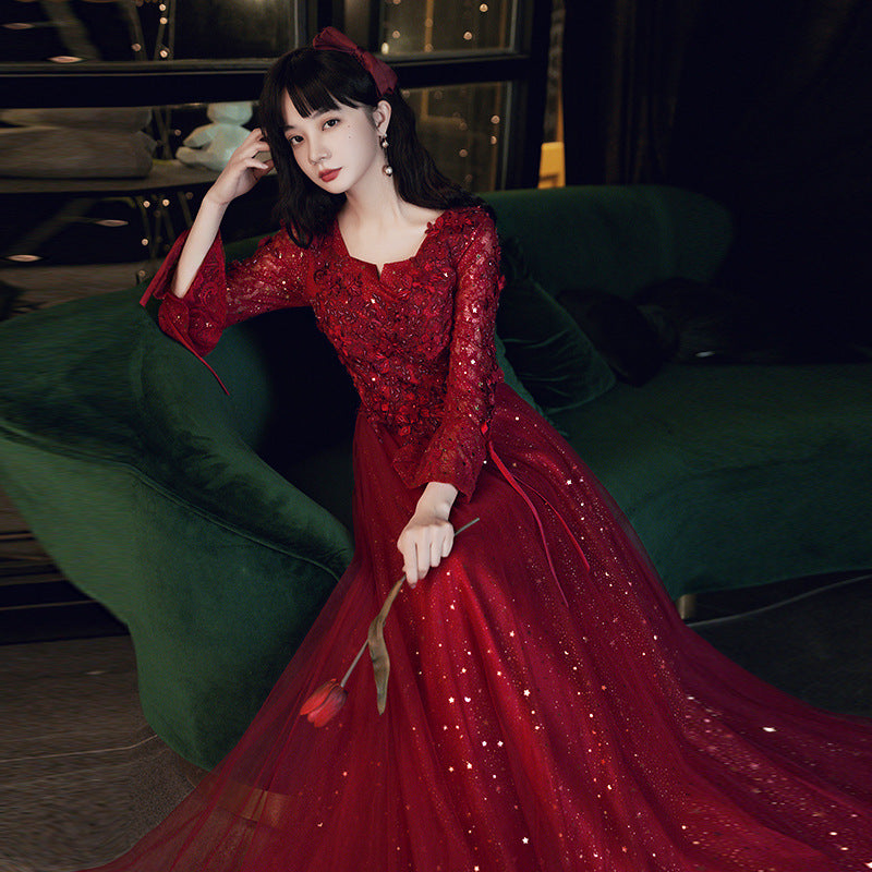 Bridal Red High-end Engagement Summer Long-sleeve Evening Dress