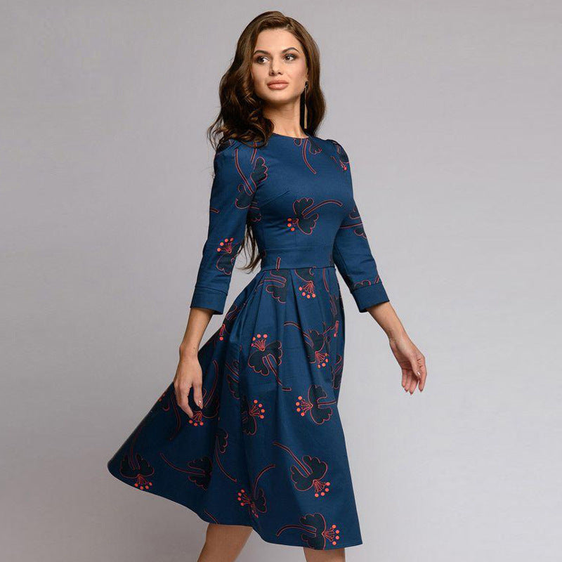 Robe plissée florale à col rond pour femmes