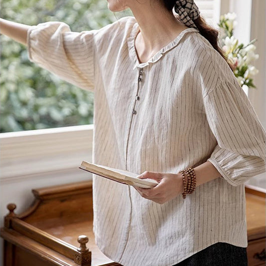 Camisa informal con cuello de muñeca a rayas a la moda para mujer