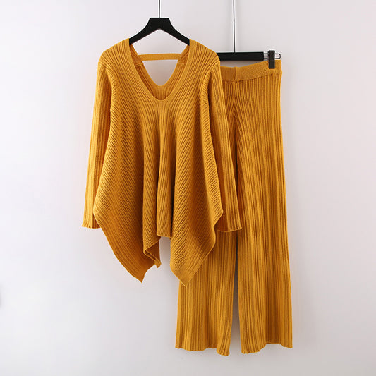 Autumn Fashionable Stylish Pleated Knitted Irregular V-neck Top Wide Leg Pants Sweater Suit