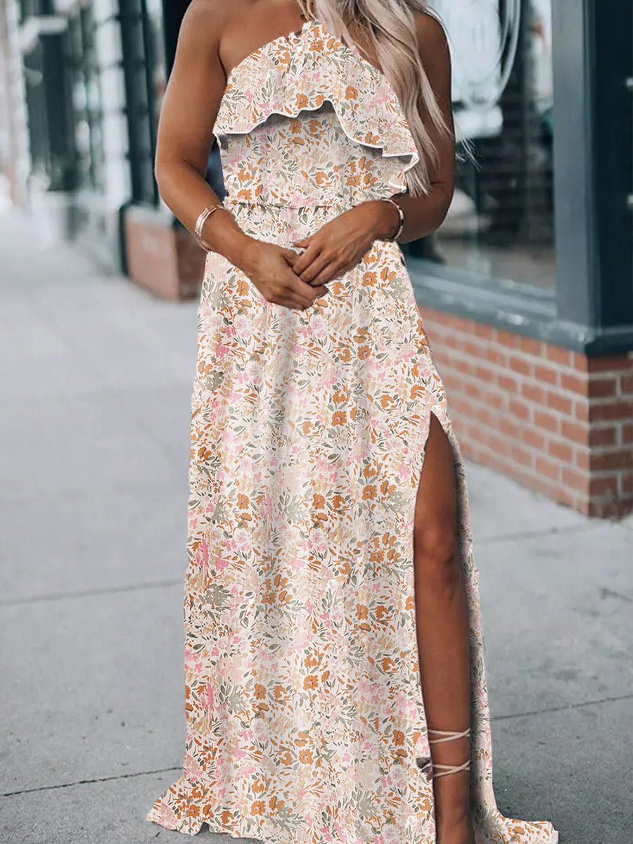 Vestido de verano con cuello halter y volantes para mujer, estampado floral, falda con abertura