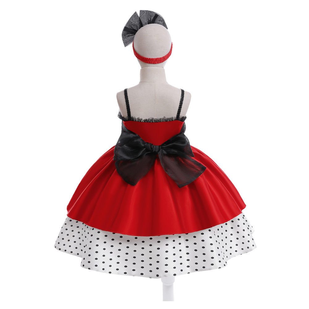 Costumes de robe à pois à coutures rouges pour filles