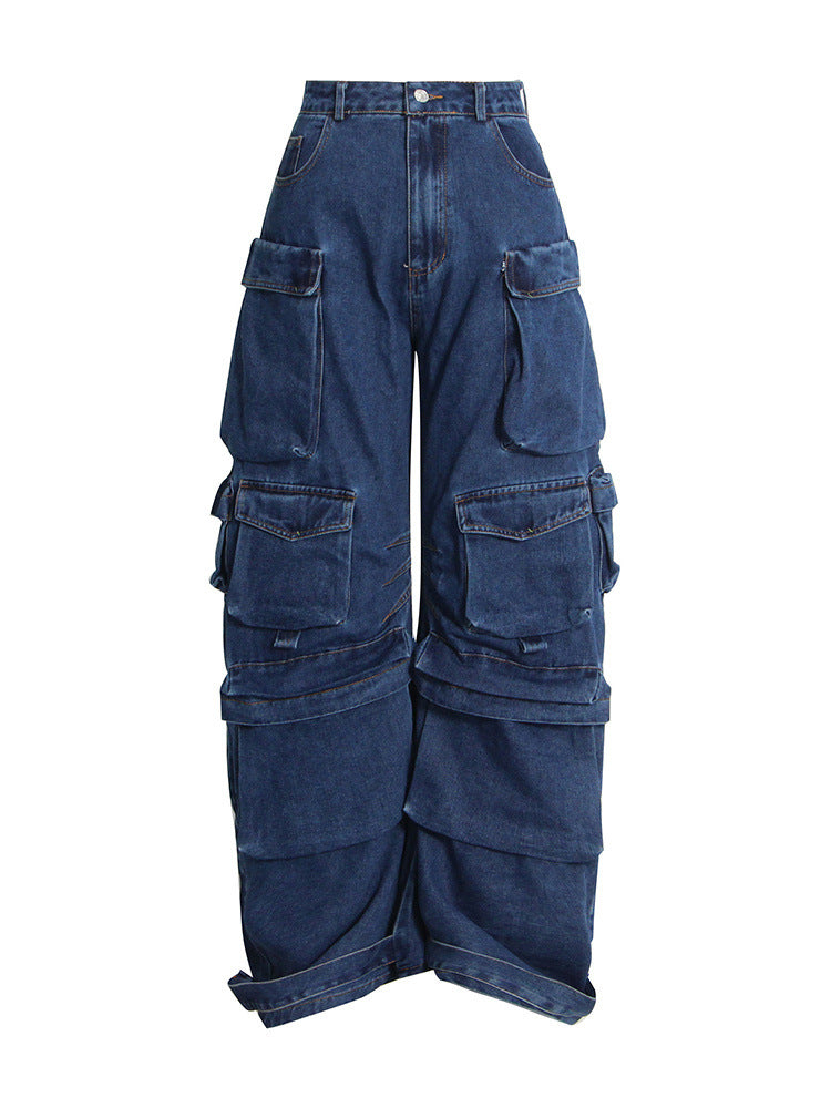 High Street Tooling Style Patchwork Pocket Design High Waist Wide Leg Slimming Dirty Jeans