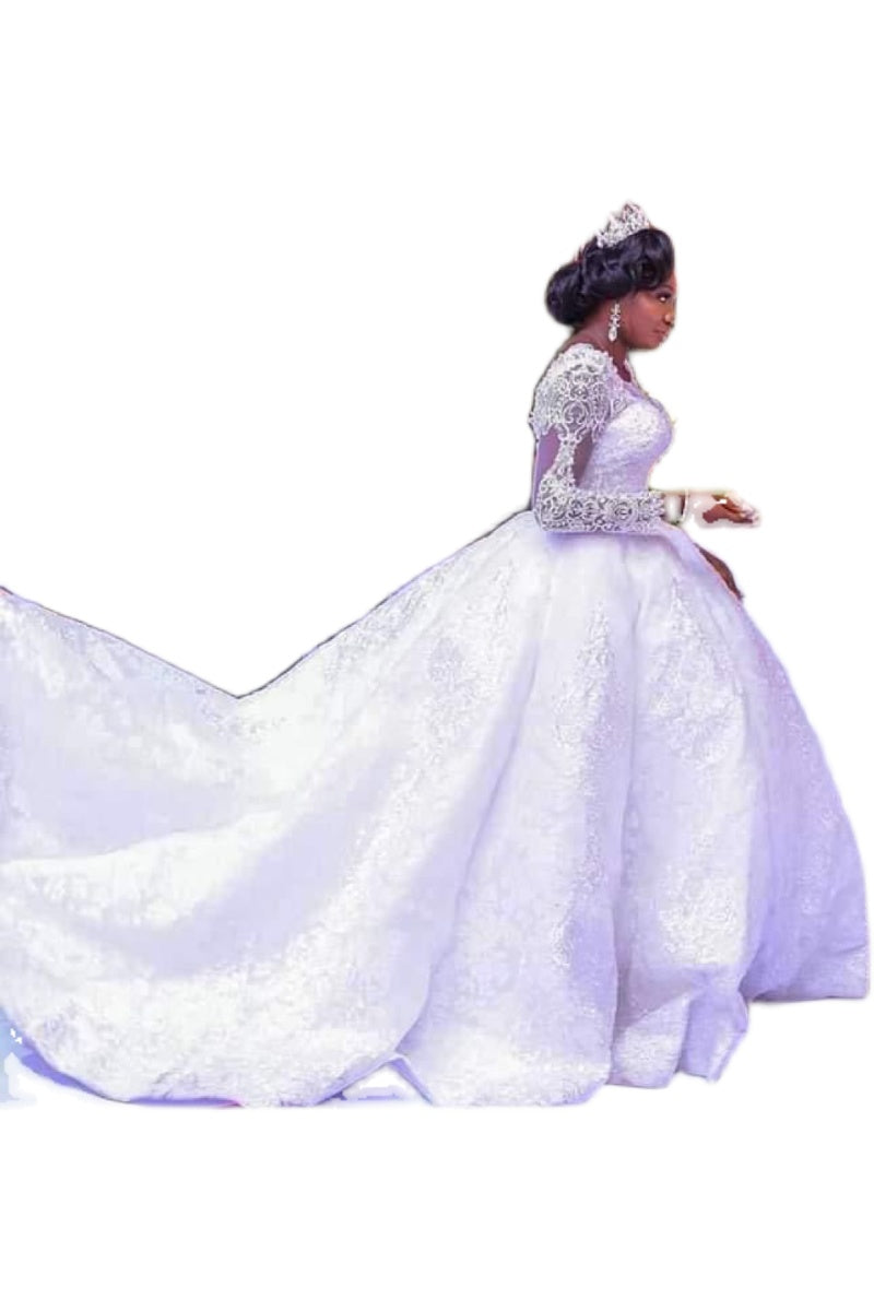 Robe de mariée africaine en dentelle, manches longues, col rond, jupe tutu à grande queue