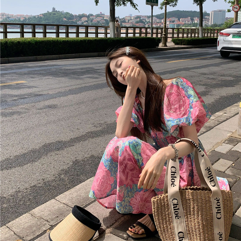 Vestido de verano con cuello cuadrado y flores francesas para mujer