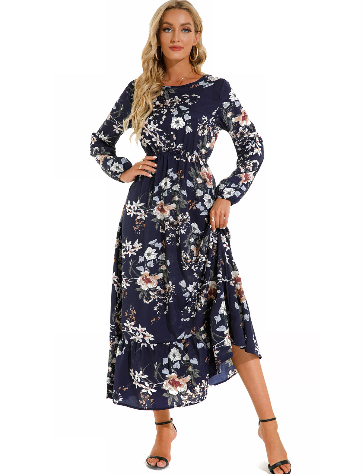 Women's Graceful And Fashionable Round Neck Floral Dress