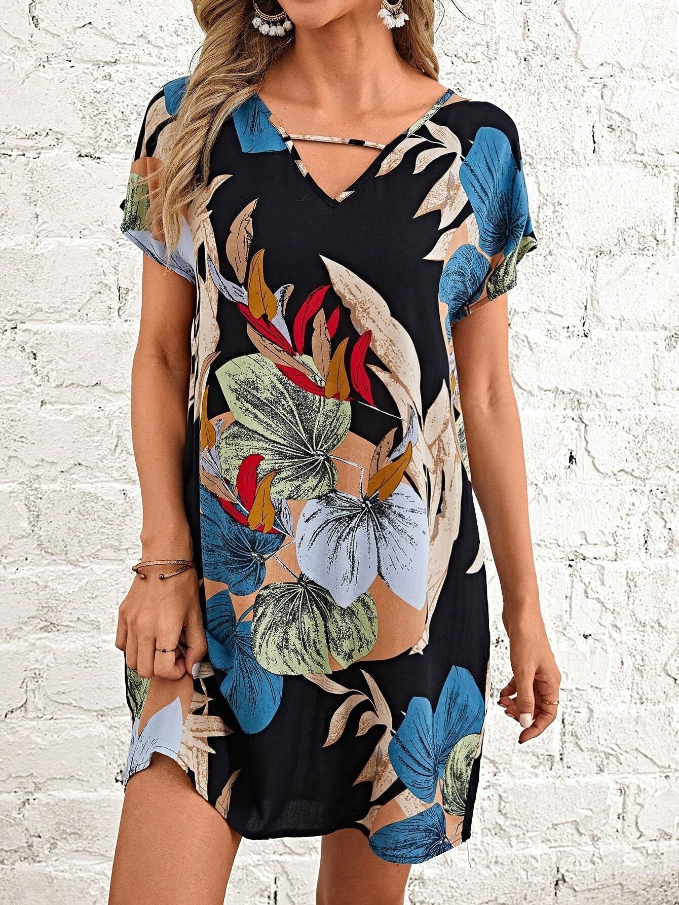 Short Sleeve V-neck Printed Dress Women