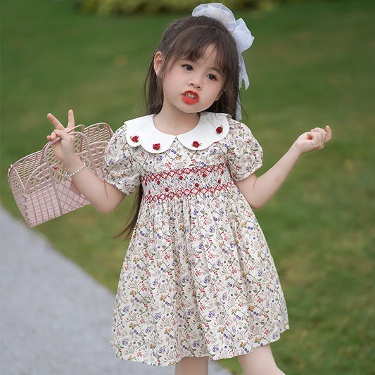 Novedad de verano, vestido para niñas, vestido de princesa bordado hecho a mano para niños, cuello de muñeca, ropa y vestido Floral para niños de algodón