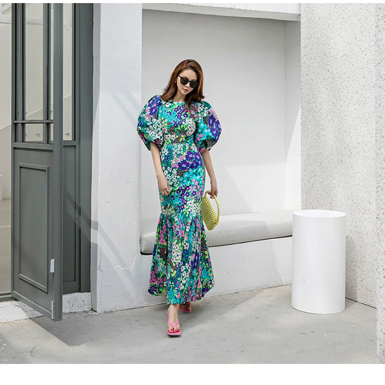 Women's Summer Bubble Sleeve French Floral Dress