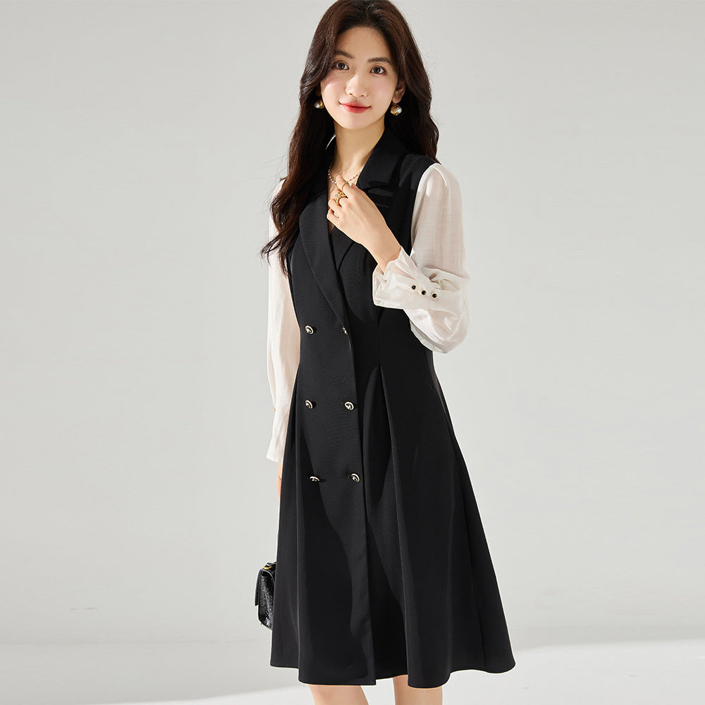 Black Suit Collar Patchwork Waist-slimming Dress